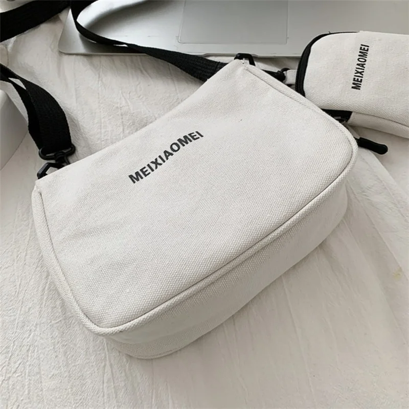 Female Canvas Solid Color Letter Shoulder Bags with Mini Purse Pendant Women Bags Casual Small Crossbody Bags 2pcs Composite