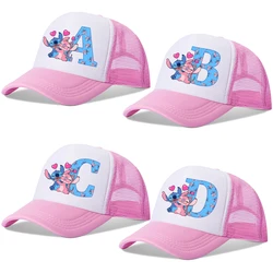 Stitch Disney Boys Girls Baseball Caps Letters A-Z Kids Summer Breathable Mesh Hat Cute Cartoon Anime Sunbonnet Headgear Gifts