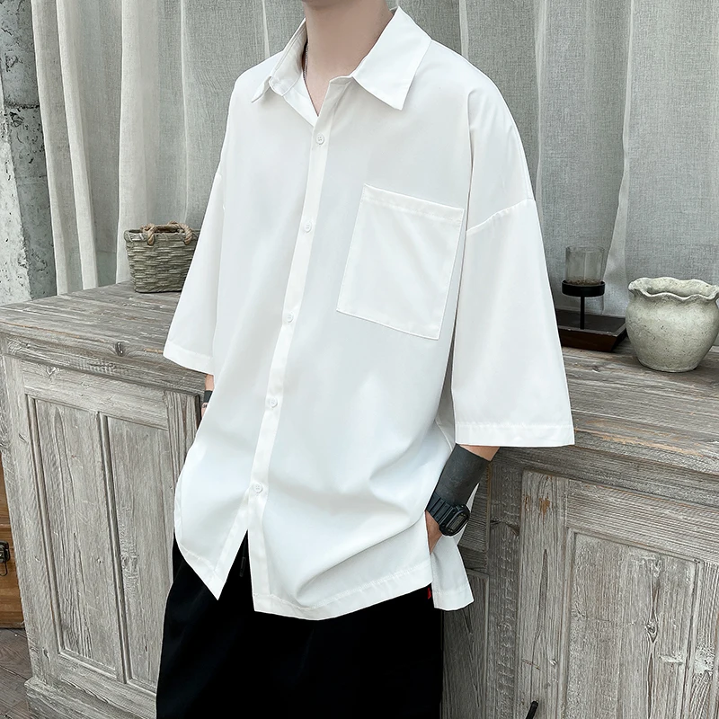 Summer Short Sleeved Shirt Men Fashion Society Mens Dress Shirt Korean Loose Casual Shirt Mens Oversized Ice Silk Shirts M-3XL