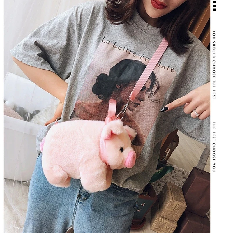 Pink Piglet Plush Bag Korean Version Large Capacity Lady Shoulder Bag Cartoon Ins Cute Doll Messenger Bag Handbags Crossbody