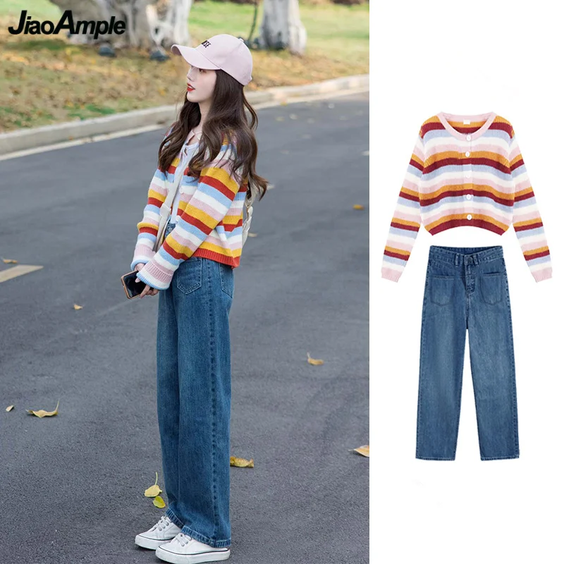 Autumn Women's Fashion Multi Stripe Sweater Coats Denim Pants Matching Sets Lady Daily Joker Knit Coats Jeans Suits New Outfits