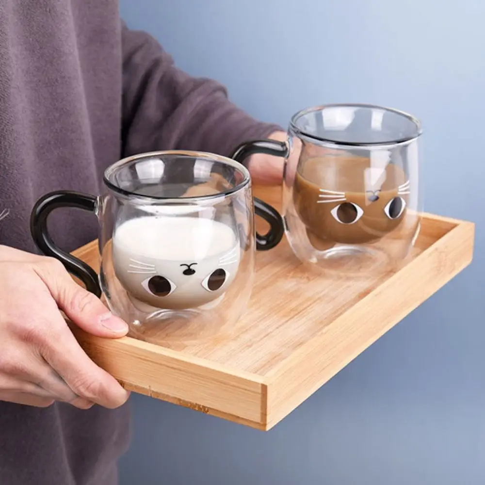Insulated Glass Coffee Mugs Double-Walled Cartoon Cat Espresso Coffee Cups Heat Resistant Drinkware Water Cups Summer
