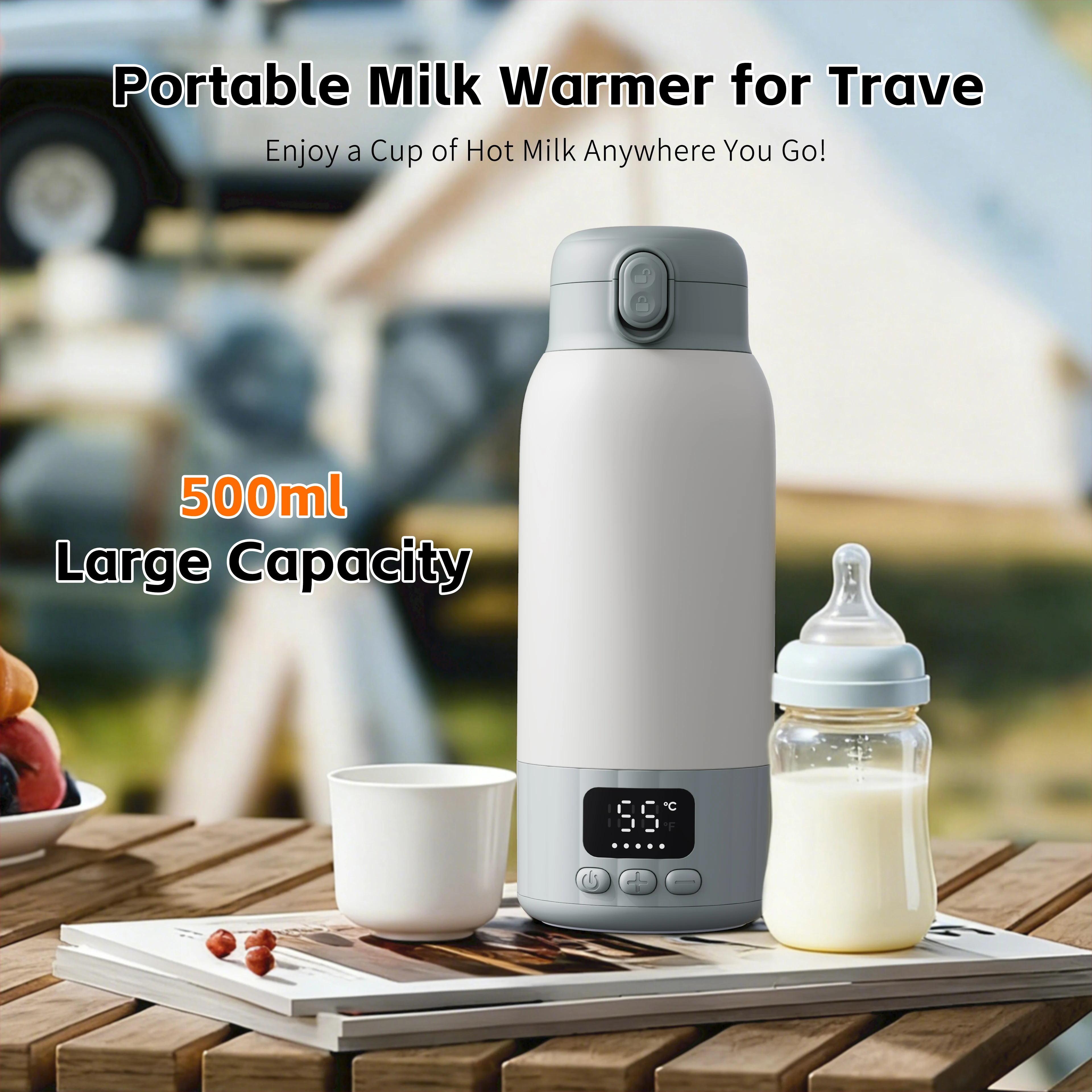 Portable Baby Bottle Warmer for Breast Milk, 17OZ Large Capacity Travel Milk Warmer, Fast Heating Preserve Nutrients, Ideal for Night Feeding, Outdoor Travel, Also for Coffee & Tea