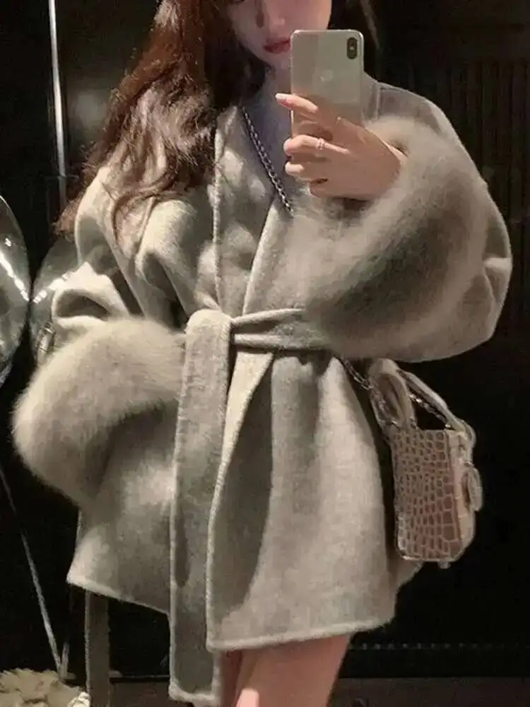 UCXQ-abrigos elegantes OL para oficina para mujer, abrigo de lana de manga larga con retales de piel, ropa hermosa para mujer, chaqueta para otoño 2025, primavera