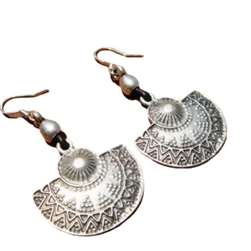 Bohemian Vintage Hand-carved Floral Silver Colour Fan Pendant Earrings Women Ethnic Style Beach Party Jewellery Accessories