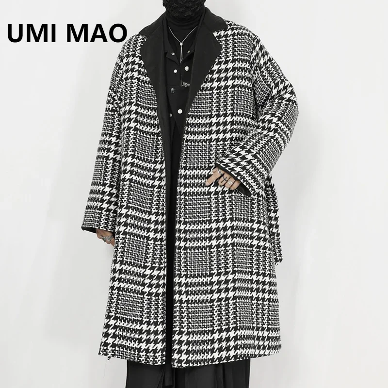 

UMI MAO Winter New Woolen Coat Men's Long Coat Oversized Silhouette Black And White Plaid Loose Woolen Coat