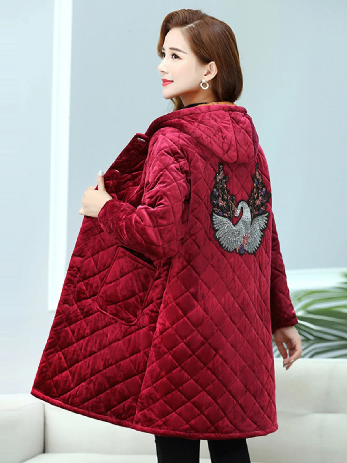 

Women's Thiened Fce Lined Golden Velvet down Cotton Jaet Loose Fit Warm Winter Coat Long Sve Hooded Mid-Length