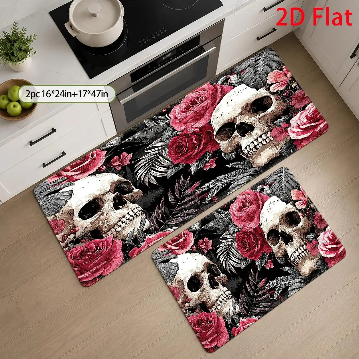 1pc, 2pcs, 3pcs, 2D Flat Kitchen Floor Mat Set, Gothic Floral Skull Pattern Floor Mat, Dark Romantic Vintage Design, Spooky Halloween Decoration, Easy-to-Clean Decorative Kitchen Mat, Suitable for Kitchen, Bathroom, 2D Flat