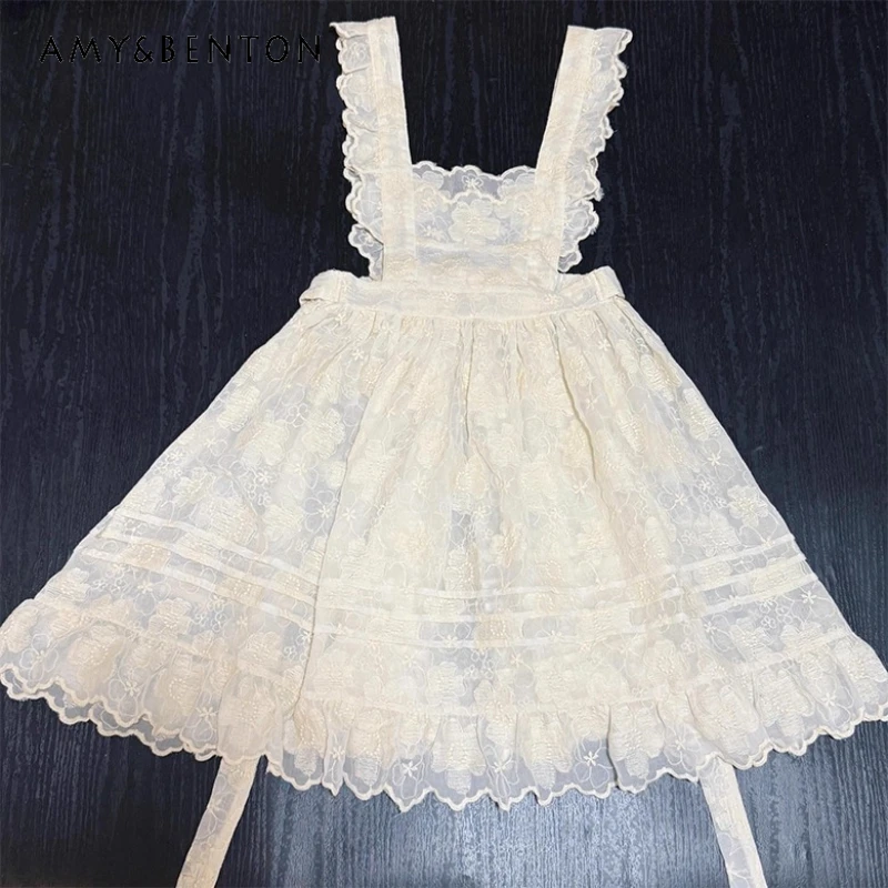 

French Retro White Lace Embroidered Women's Clothing Original Design 2025 New Layered Versatile Flutter Sleeve Overskirt Ladies