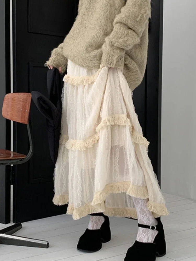 

Korean Lace Long Skirt Women Cute High Waist Loose Fairycore Tassel Patchwork A-Line Midi Skirt Mori Girl Autumn