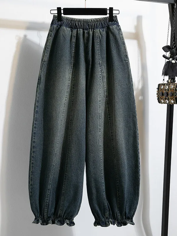 Loose Wide Leg Jeans Women's Spring Large Size Loose Slim Lantern Pants Nine Points Cuffed Denim High Waist Pocket Detail