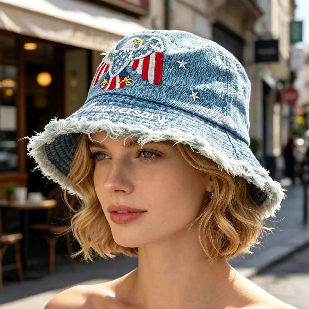 Washed Denim Fisherman's Hat with White-Headed Eagle Embroidery, 250Th Anniversary Commemorative Bucket Hat, Unisex Outdoor Sun Hat