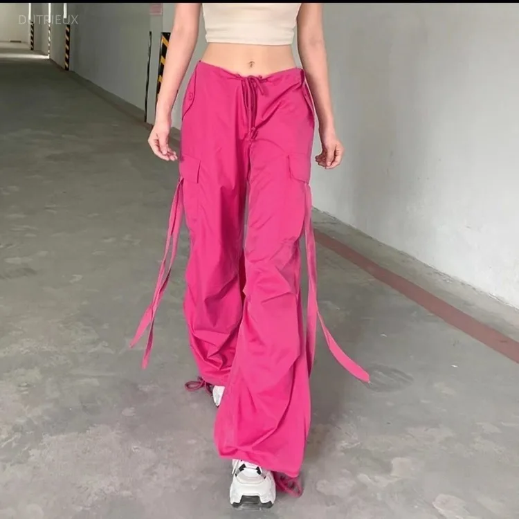 Y2k Pink Cargo Pants Women Streetwear Baggy Lace Up Sweatpants Low Rise Hip Hop Trousers Korean Style Pantalones Summer