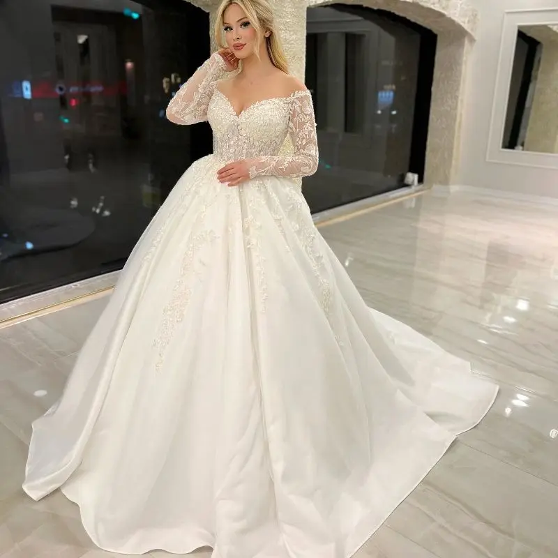 

Винтажное кружевное свадебное платье по индивидуальному заказу, свадебное платье трапециевидной формы с длинными рукавами и аппликацией принцессы, платье невесты из бисера, Vestidos De YAW75