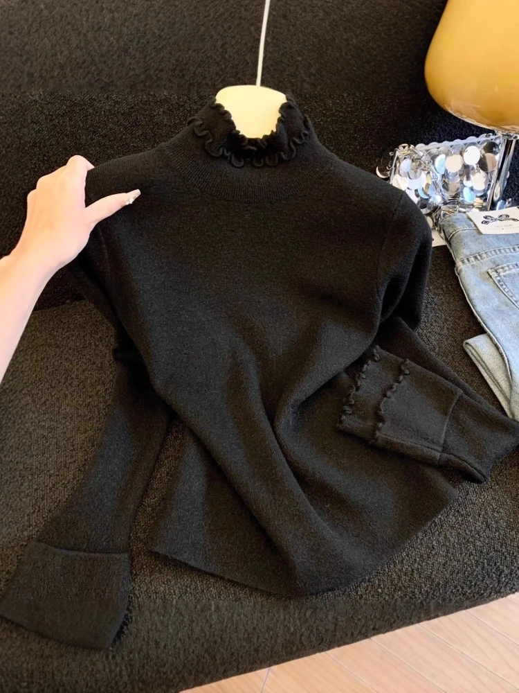 Autumn New Black Fungus Edge Knitted Base Shirt Solid Color Simple Versatile Pullover Fashion Soft Comfortable Sweater Women