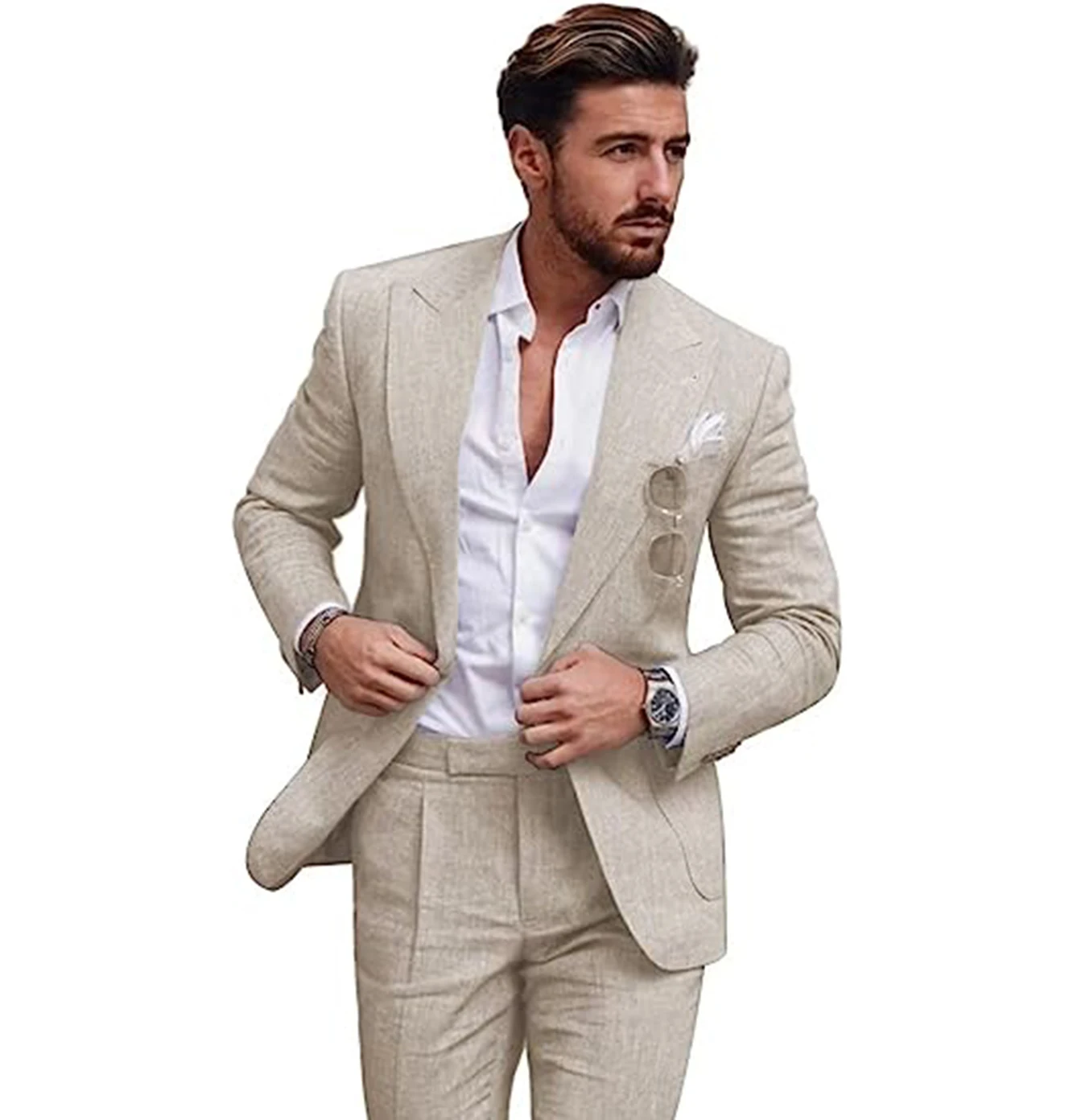 2023 New Linen Men's Suit Peak Lapel Men Suits Formal Best Man 2-Piece (Blazer+Pants) Banquet Set Groom Style Slim Fit Business