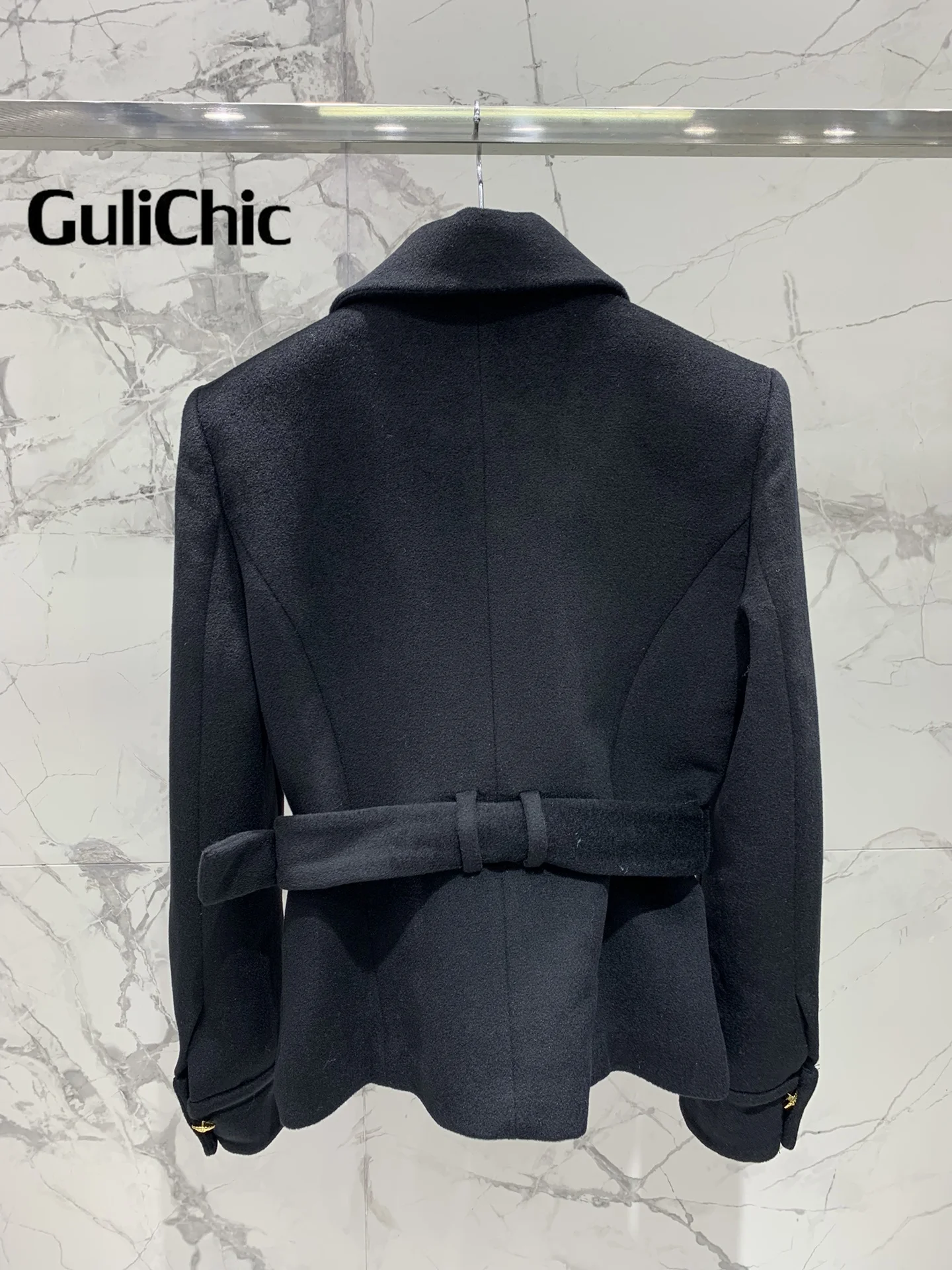 8.16 GuliChic Women Elegant Temperament Lapel Pocket Woolen Coat Fashion Single Button With Belt Collect Waist Slim Jacket