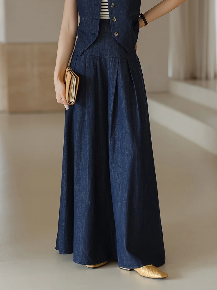 

Синяя джинсовая юбка А-силуэта с высокой талией, свободного кроя, повседневная, стройнящая, женская, летняя, новая, в корейском стиле, длинная юбка для офиса