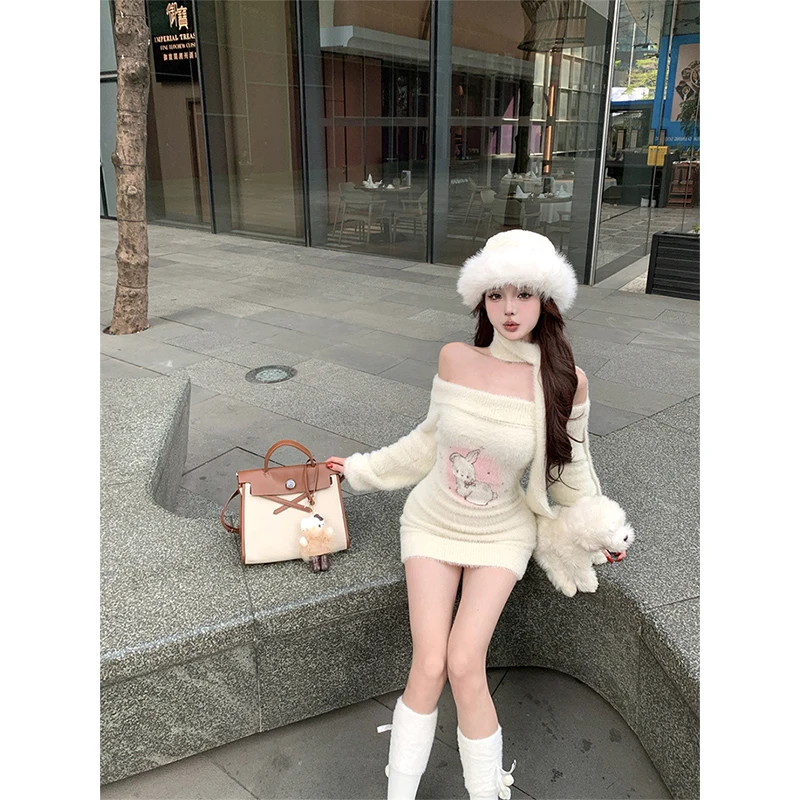 Y2K الكرتون محبوك فستان قصير المرأة مثير مائل وشاح للرقبة فساتين الشتاء Gyaru Harajuku الكورية طويلة الأكمام Bodycon Vestidos جديد #4