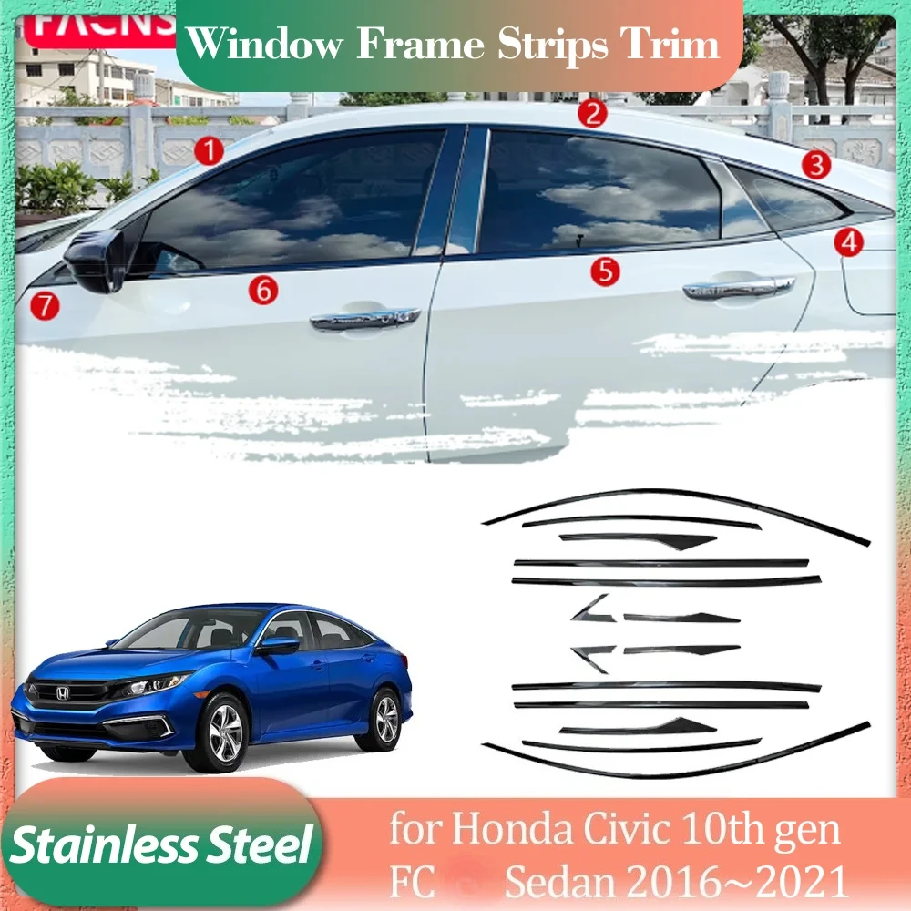 

for Honda Civic 10th gen FC Sedan 2016~2021 Black Stainless Steel Door Window Frame Window Sill Trim Sticker Part Accessories