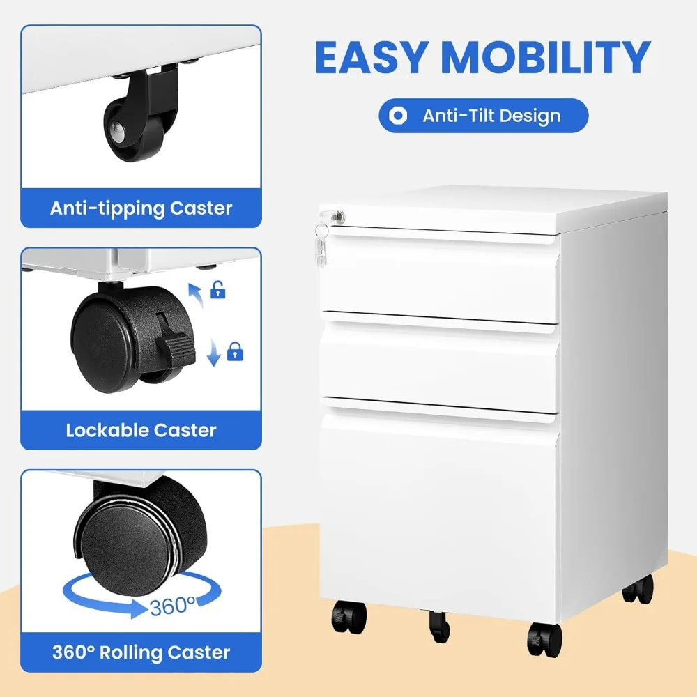 Metal Rolling 3-Drawer File Cabinet with Lock, Mobile Under Desk Storage for Home Office, Small Space Organization Solution