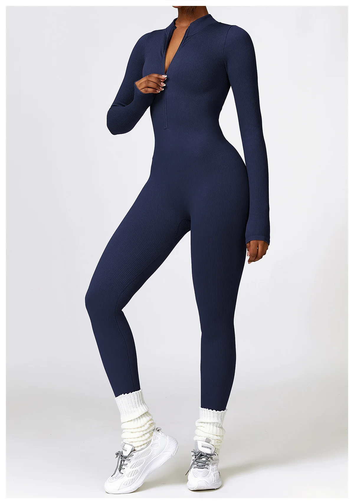 Women\'s Yoga Long Sleeve One Piece Tummy Control Seamless Ribbed Jumpsuit Outdoor Sport Clothes Romper Fashion Fitness Sportwear