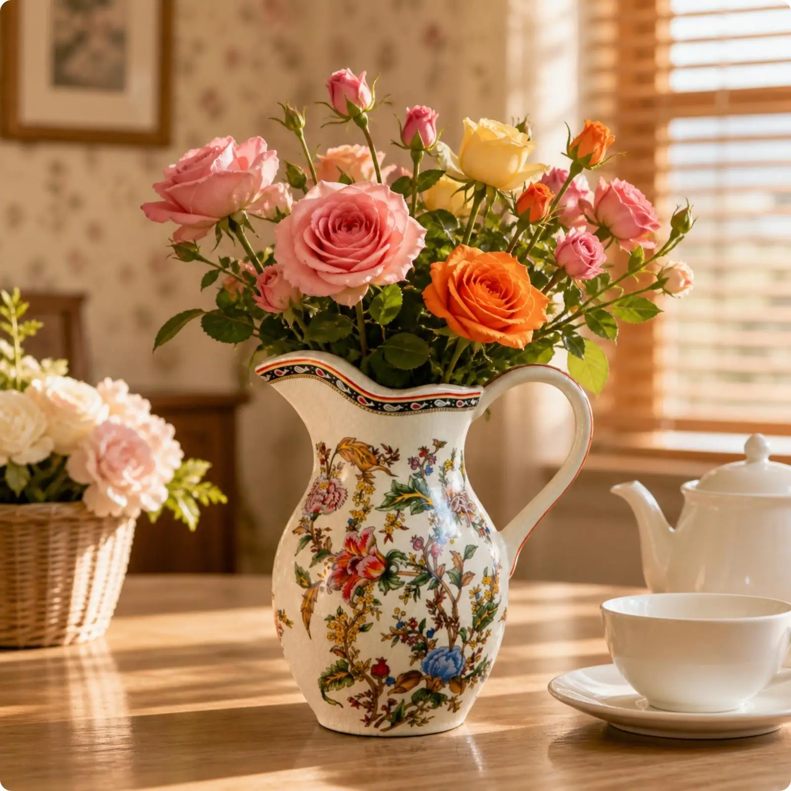 Ceramic Vase with Handle Flared Rim Glazed Crackle Texture Floral Motif Decorative Pitcher Vase for Seasonal Greenery Living
