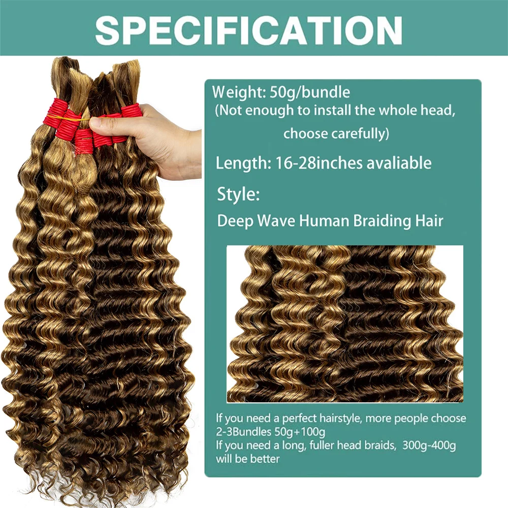 Boho-Zöpfe, Echthaar, Flechthaar, 100 % Echthaar, tiefe Welle, kein Schuss, Echthaar, Massenverlängerungen, brasilianisches Remy-Haar