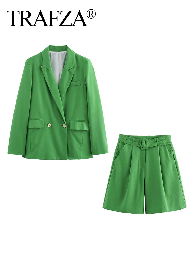 TRAFZA 2024 New Fashion Women\'s Green 2 Piece Set Long Sleeves Lapel Blazer Coat + Belt Zipper Pockets Wild Woman Mini Shorts