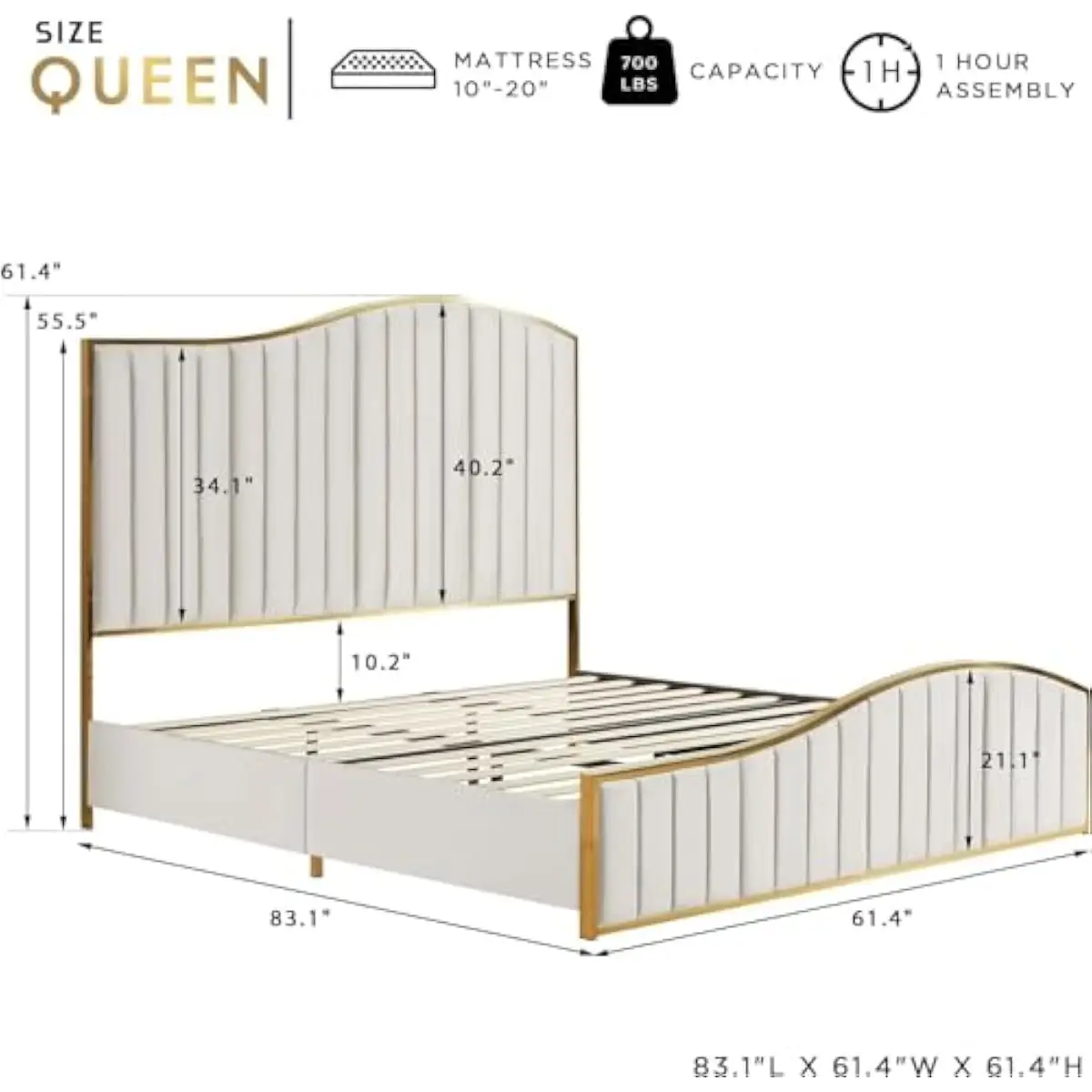 Queen Platform Bed Frame with 61.4 Inch Tall Tufted Velvet Headboard and Footboard Gold Trimmed Wavy Metallic Frame Sturdy Woode