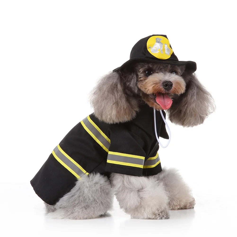 Santa Claus Outfit Dog Firefighter Costume Dog Cat Cosplay Fireman Apparel Puppy Jacket Coat With Firefighting Hat Size S Black