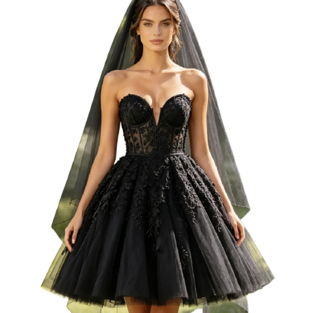 Gothic Black Short Wedding Dress Sweetheart Strapless Corset Mini Beach Bridal Gowns 2026 Tiered Lace Halloween Elopement Party