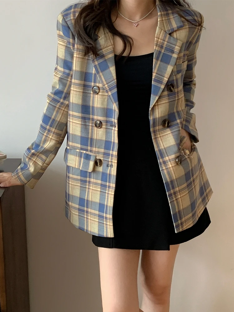 Colorfaith JK6100 New 2023 Women\'s Blazers Oversized Plaid Buttons Pockets Jackets Notched Vintage Checkered Spring AutumnTops