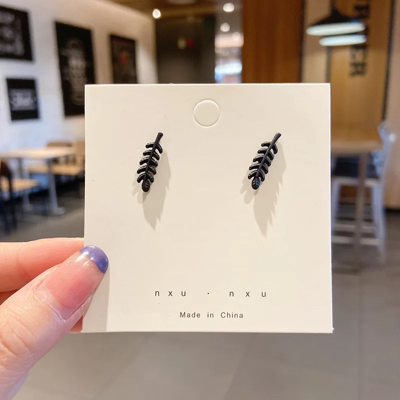 Black Small Leaf Stud Earring Female Simple Delicate Plant Feather Ear Jewelry Wedding Best Friend Mother Christmas Gift