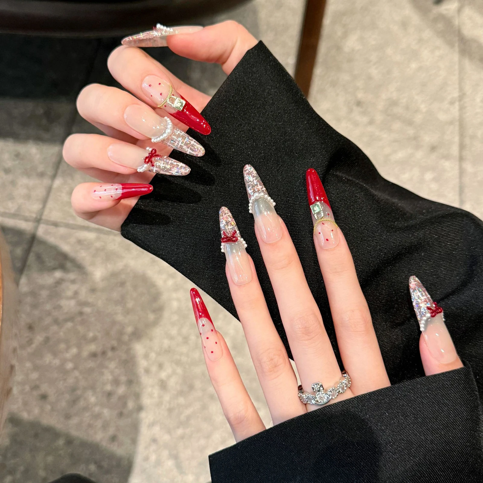 Imprensa oval longa feita à mão em unhas doce arco vermelho unhas falsas francesas cobertura completa wearable lantejoulas brilhantes coreano bonito dicas de unhas falsas