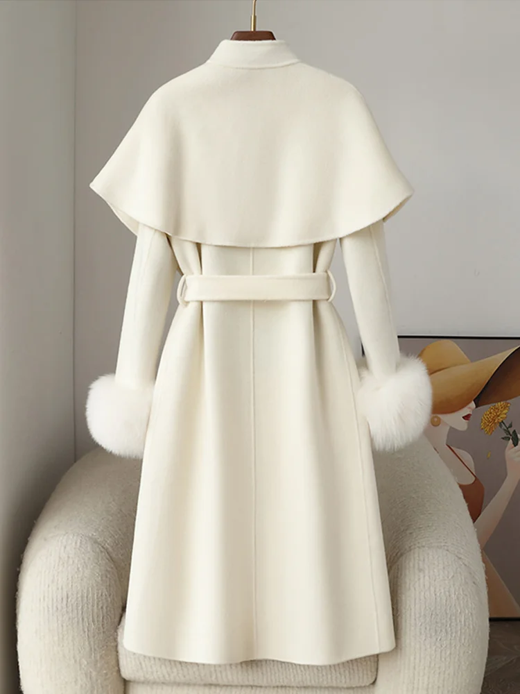 جديد شتاء دافئ النساء السيدات الطبيعية ريال فوكس الفراء معطف Oearl زهرة طويلة الكشمير الصوف سترة صوفية ملابس خارجية رائجة البيع