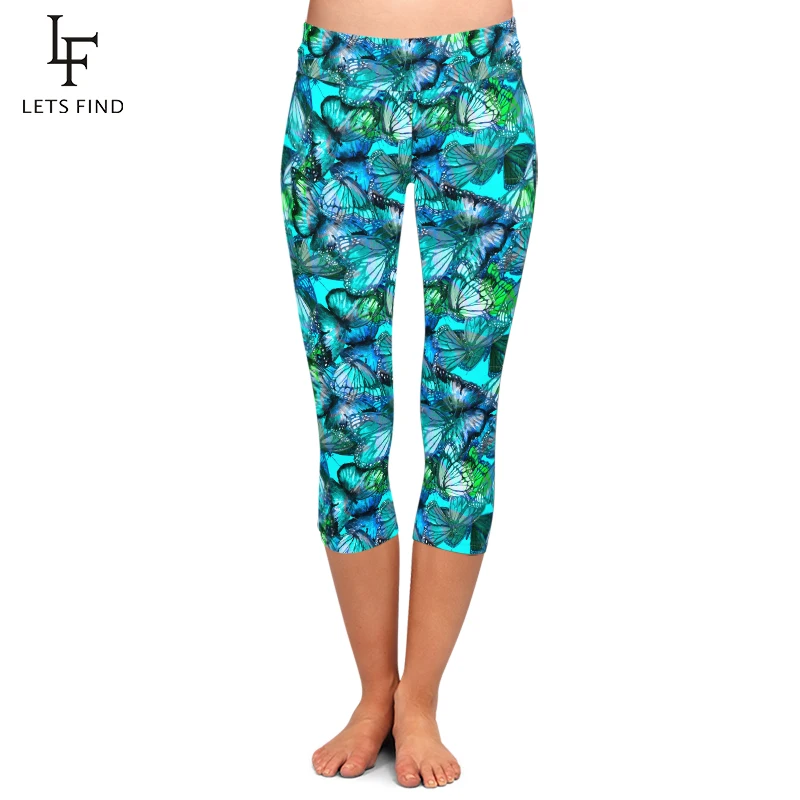 LETSFIND 2020 New High Quaility Women Capri Leggings Blue Butterflies Print High Waist  Fitness Soft Mid-Calf Leggings