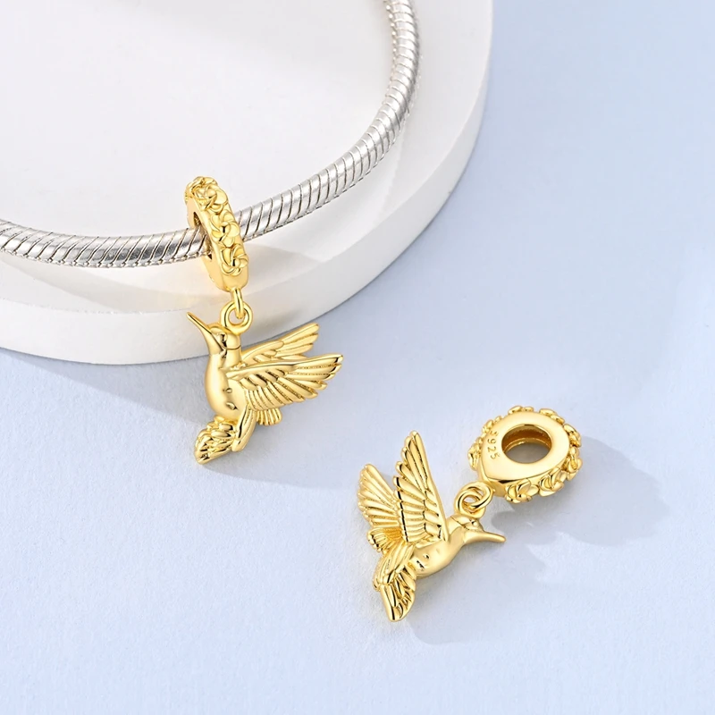 Charm 925 Sterling Silver Golden Hummingbird Bird Pendant Fit Bead Bracelet Diy For Women Fashion Jewelry Gift