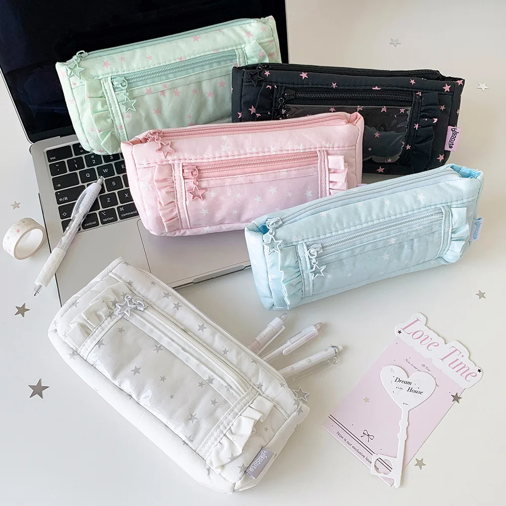 Ins Style Pen Bags Creative Y2k Stars Pattern Large Capacity Pencil Cases Sweet Lace Edge Canvas DIY Portable Stationery Bags