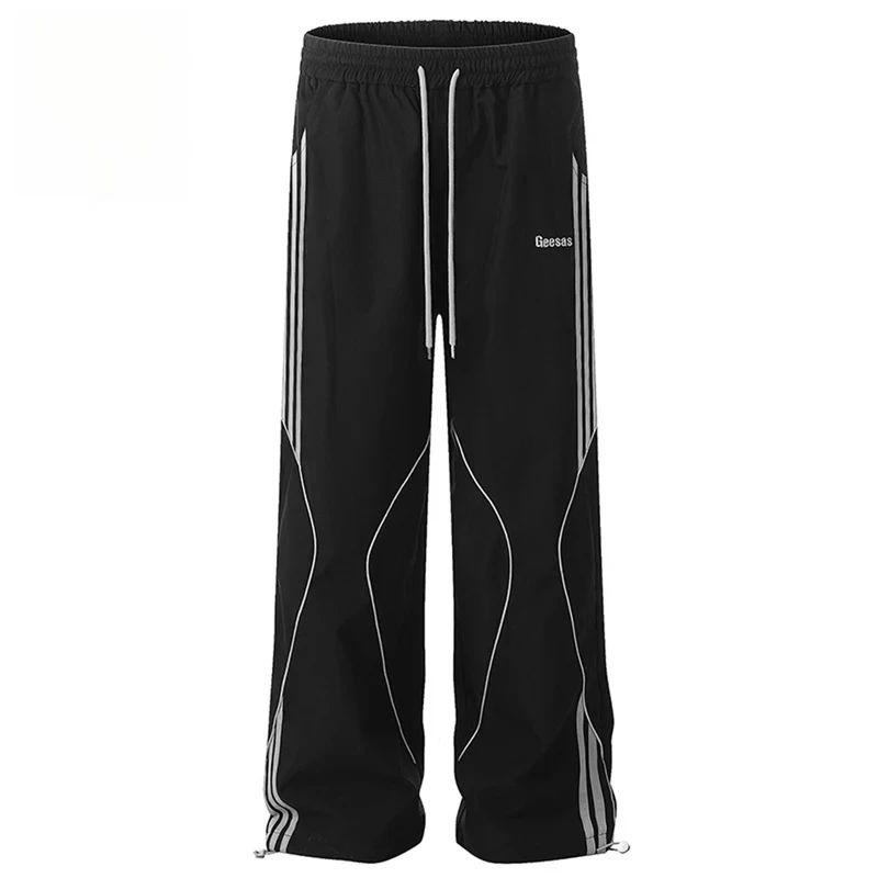 

【Mirrordust】Винтажные свободные брюки Y2K, уличная одежда, спортивные штаны большого размера, широкие спортивные штаны в полоску по бокам