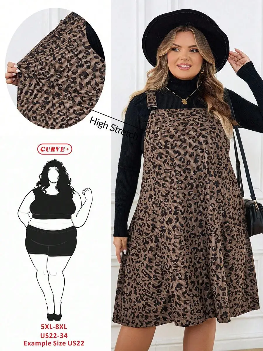 

Plus Size Leopard Print Corduroy Pinafore Dress with Pocket - Casual Autumn Winter
