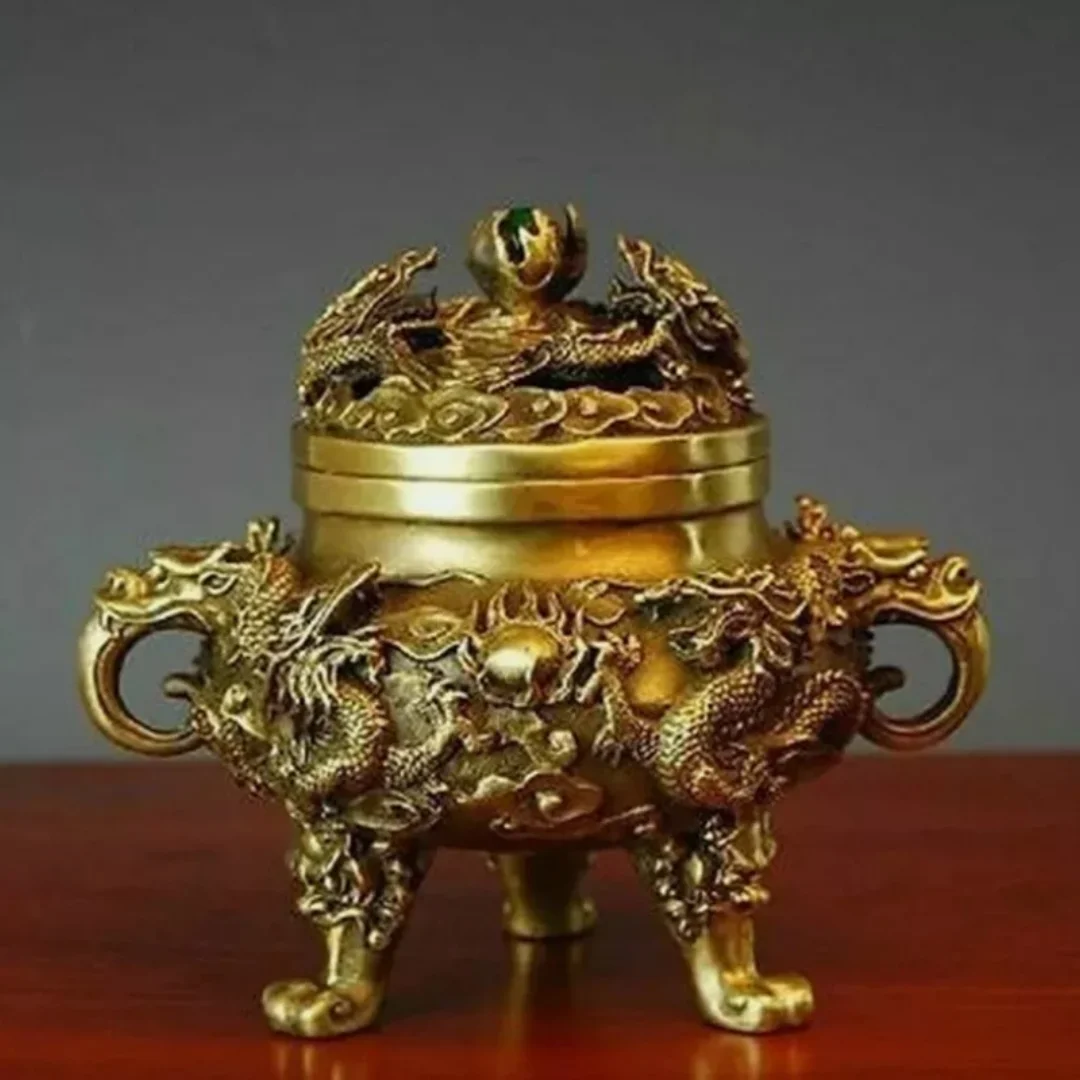 Black Solid Copper Old Hand-carved Cat Dragon Egg Model Statue