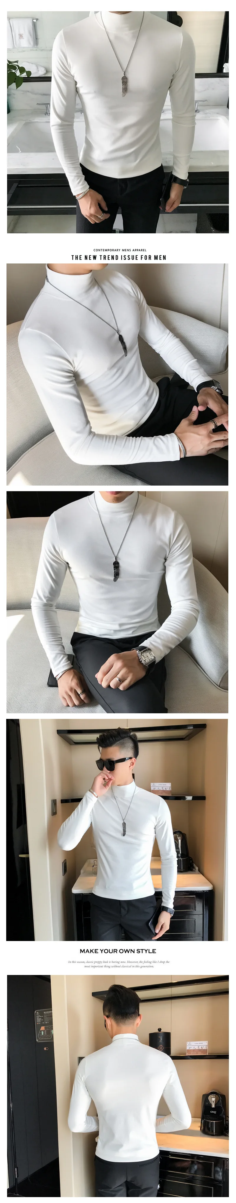 Frühling Neue männer Rollkragen T-shirt Langarm Slim Fit Einfarbig Hohe Elastische Bodenbildung Pullover Grundlegende Stil Männliche Tops – Detail 4
