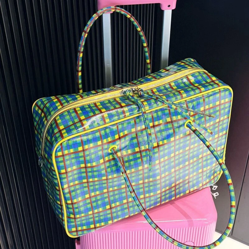 Vintage Colorful Plaid Large Travel Duffle Bag Women Fashion Checkered Handbag Weekend Overnight Luggage Shoulder Bag
