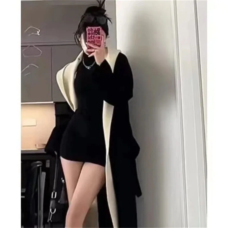 

Long Sweater Women Fashion Color Blocked Fake Two-piece Hooded Knitted Cardigan Jacket Spring Autumn Winter Windbreaker Coat