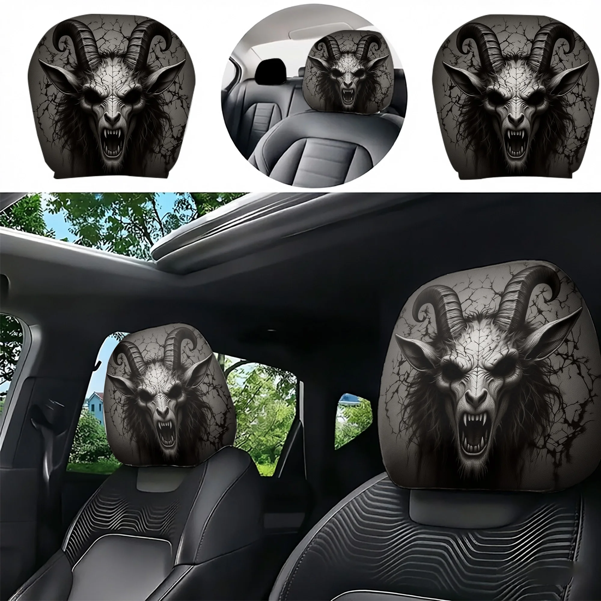 2pcs Car Headrest Covers with Goat Demon Design, adding an avant-garde, dark aesthetic to your car’s interior. Does not include