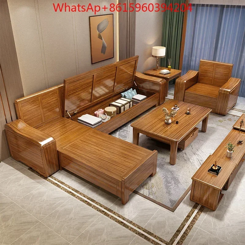 Ebony solid wood sofa  winter and summer dual-use modern Chinese living room all solid wood storable rural wooden sofa