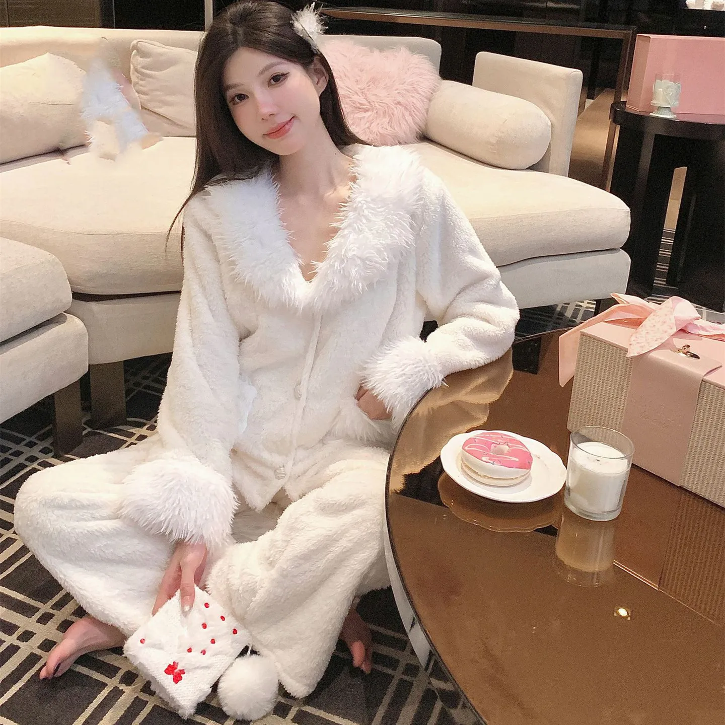 

Flannel Pajamas Chinese Style Thicken Warm Women Sleepwear Loose Casual Coral Fleece Home Clothing