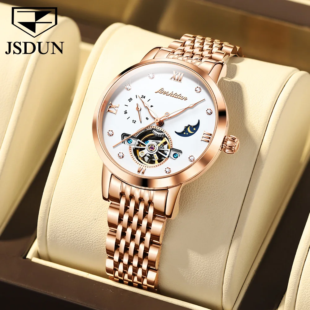 JSDUN Original Lady Automatic Mechanical Wrist Watch Waterproof Moon Phase Fashion Women Watches High Quality Watch for Women