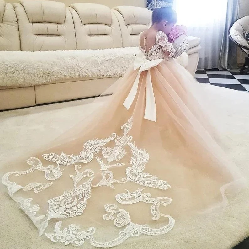 White Lace Flower Girl Dress Removable Trailing Bow See-through Sleeves for Little Girl Birthday Party First Communion Dress